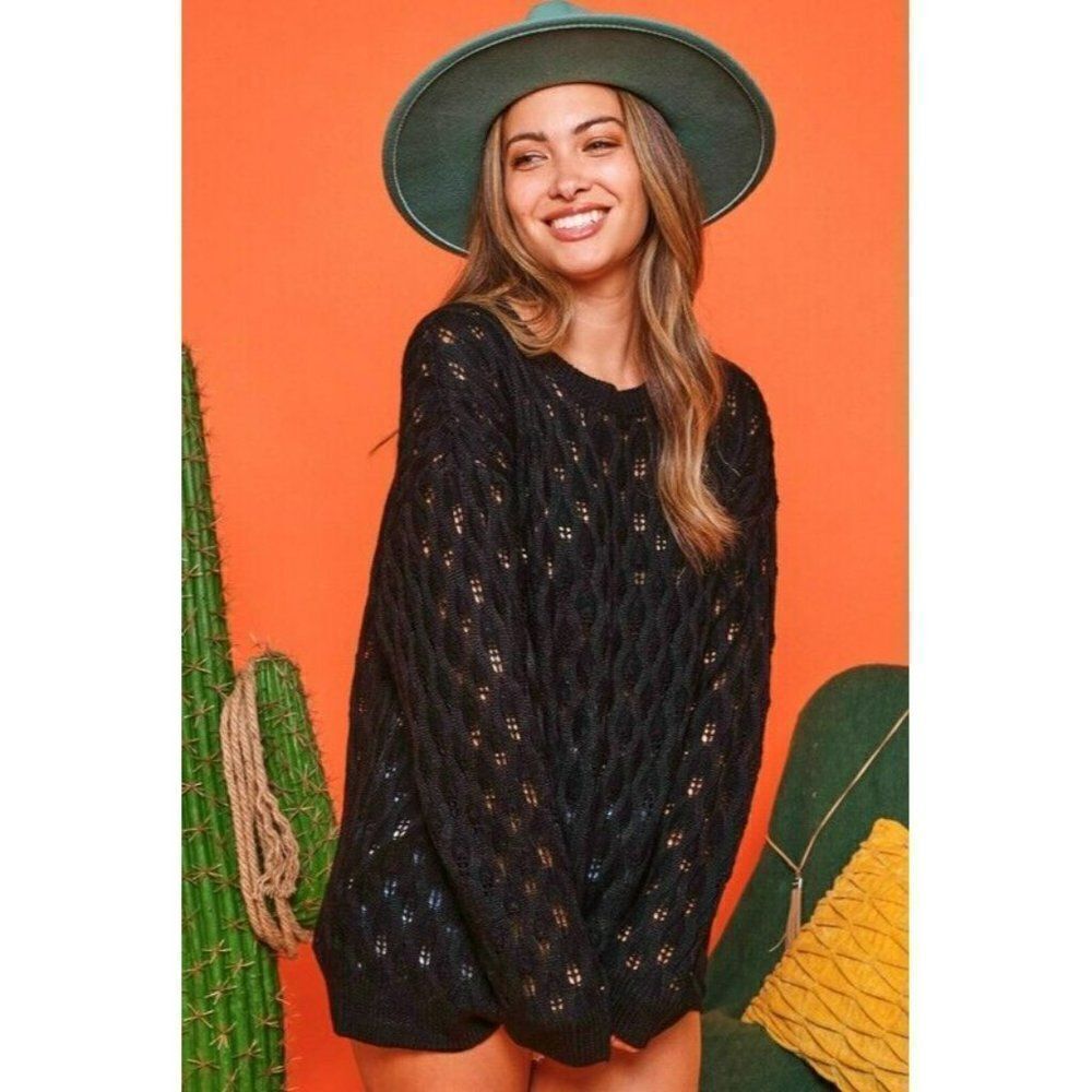 SALE! Fantastic Fawn Black Long Sleeve Pointelle Knit Sweater IFKT75088-01 - Picture 2 of 5